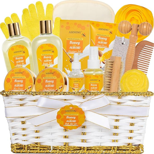 Gifts for Women Gift Basket for Women - 17 Pc Honey Almond Scented Home Bath Pampering Package Spa Bath & Body Gift Set, Luxury Home Spa Bath Gift Basket, Pamper Gifts for Woman & Teens