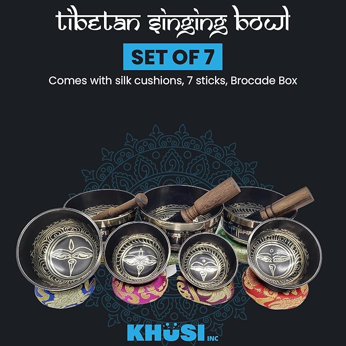 KHUSI Tibetan Singing Bowl Set of 7, Thadobati, Handcrafted, Mantra Engraved Singing Bowl for Yoga, Chakra healing, Relaxation, Stress Relief, Comes w/silk cushions, 7 sticks, Brocade Box - Bloomnest
