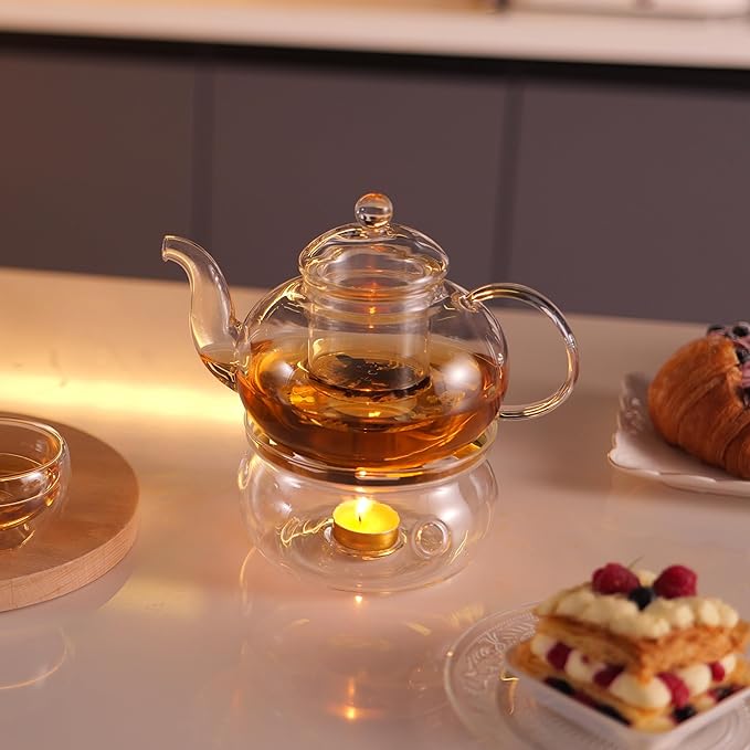 CnGlass 33.8oz Glass Teapot with Removable Infuser,Stovetop Safe Tea Kettle with Glass Tea Warmer 5.3 in/13.5cm Diameter - Bloomnest