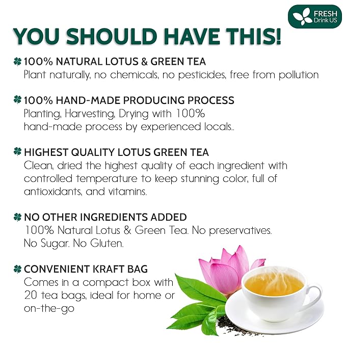 FreshDrinkUS, Premium 20 Tea Bags of Lotus Green Tea, 100% Natural. Exquisite Flavor, Handpicked Leaves, Perfect for Tea Lovers. No Sugar, No Gluten, Vegan. - Bloomnest