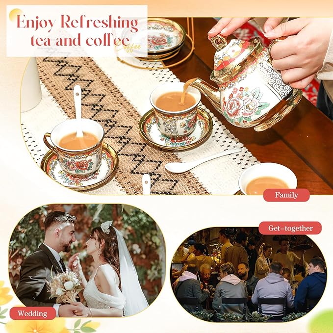 20 Pcs Porcelain Tea Set for Adults with Metal Holder and Spoon European Ceramic Tea Party Set Flower Painting Teapot Cup Saucer for Christmas Women Gifts, Serving 6 People(Classic) - Bloomnest