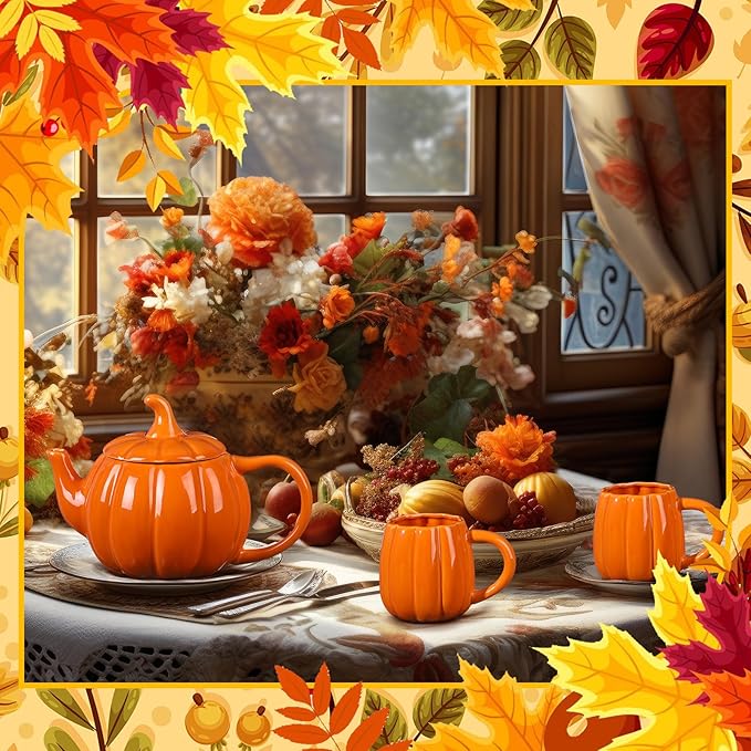 Mimorou Thanksgiving Pumpkin Tea Set Ceramic Teapot with 2 Mugs and Tea Mug Orange Ceramic Pumpkin Shaped Teapot Set for Thanksgiving Halloween Christmas Birthday Gift - Bloomnest
