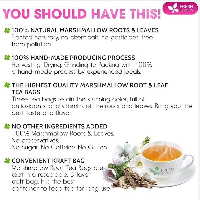FreshDrinkUS, Premium 75 Marshmallow Root and Leaf Tea Bags, 100% Natural & Pure. Loose Leaf Marshmallow Herbal Tea. Made with Eco-Conscious Tea Bags. No Sugar, No Caffeine, No Gluten, Vegan. - Bloomnest