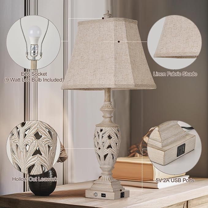 29.5"H Touch Control Traditional Table Lamp Set of 2,Vintage Bedside Lamp Nightstand Lamps with Dual USB Ports,3-Way Dimmable Hollow Out Leafwork White Washed Finish Desk Lamps for Living Room,Bedroom