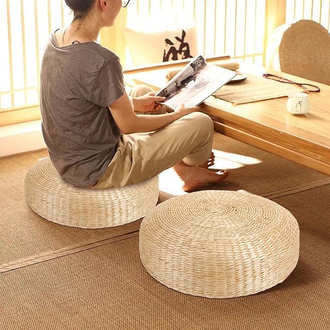 Round Hand-Woven Meditation Floor Pillow Seat for Adults, Big Thick Straw Tatami Floor Cushion for Living Room (19.3x19.3x7.8) - Bloomnest
