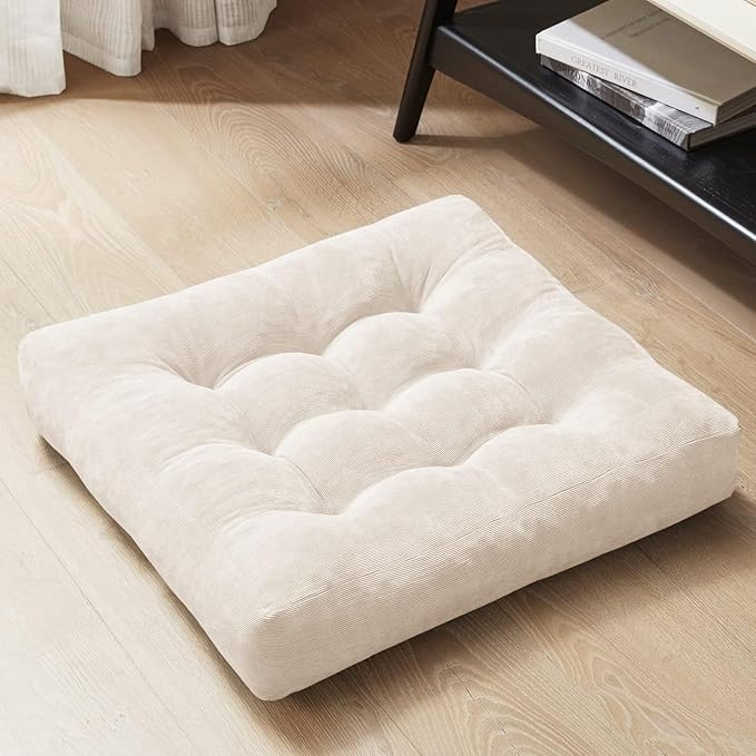 Degrees of Comfort Meditation Floor Pillow, Square Large Pillows Seating for Adults, Tufted Corduroy Cushion for Balcony Bedroom Tatami Living Room, Beige, 22x22 Inch
