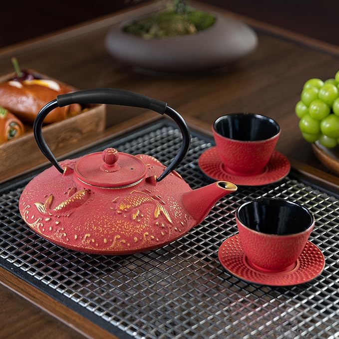 Cast Iron Teapot Set with 2 Tea Cups, 7Pcs Japanese Tea Kettle with Stainless Steel Infuser, Tea Pot Coated with Enameled Interior, Fish Pattern, 27oz 780ml Red - Bloomnest