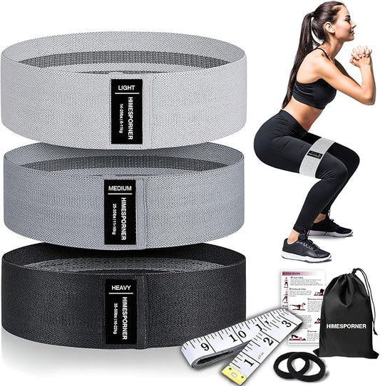 Wide Fabric Resistance Bands for Working Out, 3 Level Non-Slip Exercise Booty Bands for Women & Men Leg and Glutes with Hair Ties and Tape Measure - for Home Gym Workout, Yoga, Pilates - Bloomnest