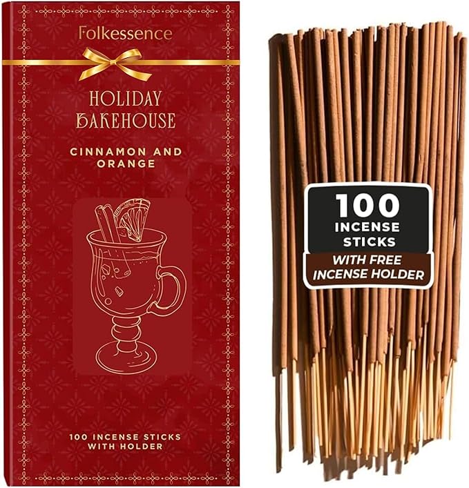 Folkulture Christmas Incense Sticks | Set of 120 Insence-Sticks with Holder for Relaxation |Cinnamon & Orange Incense| Organic, Slow Burning & Non Toxic Inscents | Luxe Fragrances - Gifts for Her - Bloomnest
