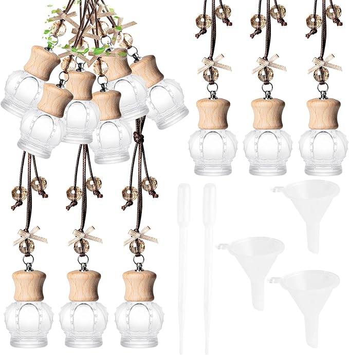 6 Pack Leak-Proof Hanging Car Diffuser - 8ml Refillable Empty Bottles with Wood Caps, 3 Funnels & 2 Droppers - Essential Oil Air Freshener for Car, Home or Office (6, Crown) - Bloomnest