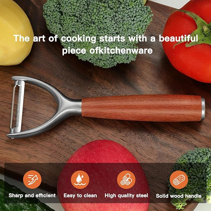 Premium high-end rosewood handle and 304 stainless steel serrated blade - ultra-sharp KULUNER Y-shaped rotary peeler for potatoes, fruits and vegetables, ergonomically designed for easy peeling - Bloomnest