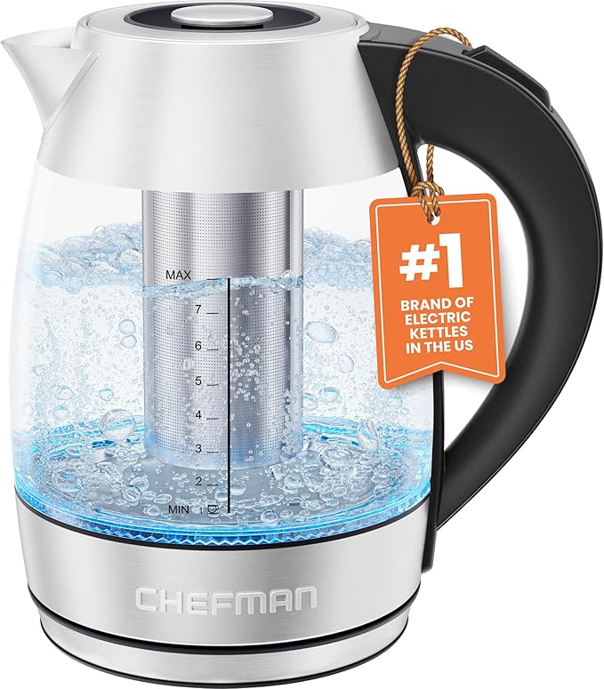 Chefman Electric Kettle for Boiling Water, 1.8L 1500W, Removable Tea Infuser, Auto Shut Off, Boil-Dry Protection, BPA Free, Borosilicate Glass, Hot Water Boiler, Electric Tea Kettle - Stainless Steel - Bloomnest