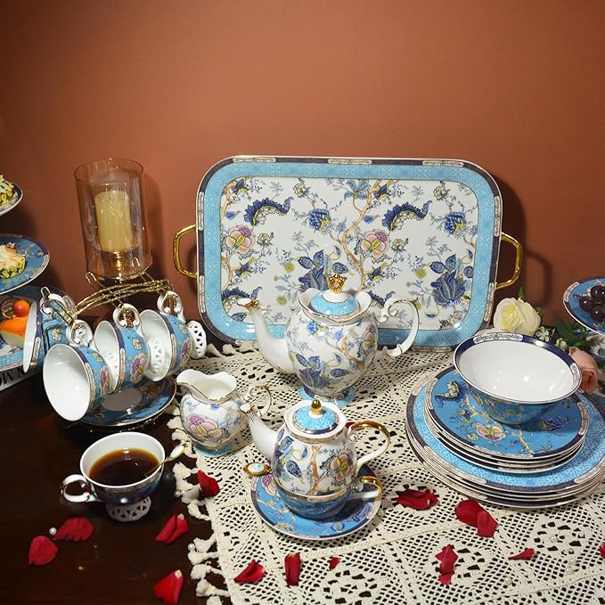 ACMLIFE Tea for One Teapot and Cup, Vintage Floral Porcelain Tea Set for One, Bone China Teapot with Cup Set, Tea Pot Gift for Women (Blue-A) - Bloomnest