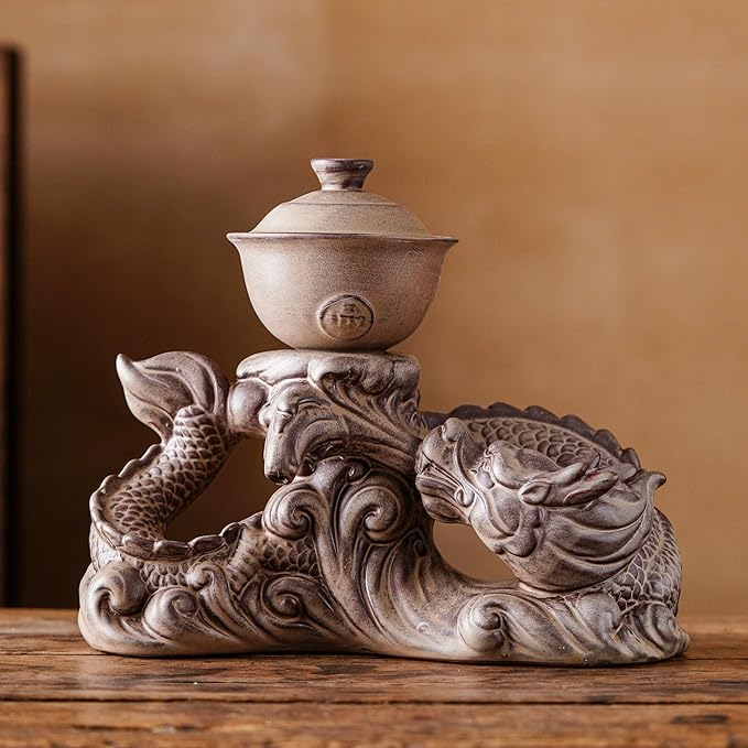 Semi Automatic Tea Set Ceramic Teapot with Infuser Magic Teapot with 8 cups (Retro Dragon-D) - Bloomnest
