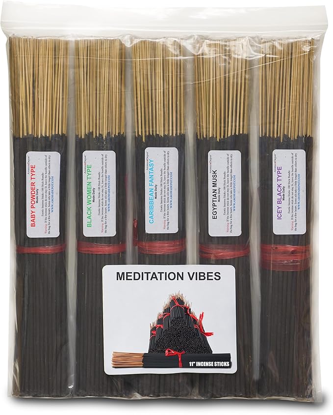 Meditation Vibes 11'' Incense Sticks - Variety Set 500 Pack - 11 inch - 5 Bundles 100 Sticks Per Fragrance Scent. Set Features Baby Dust Type, Black Women, Caribbean Fantasy, Egyptian Musk, Icey Black AromaDepotInc