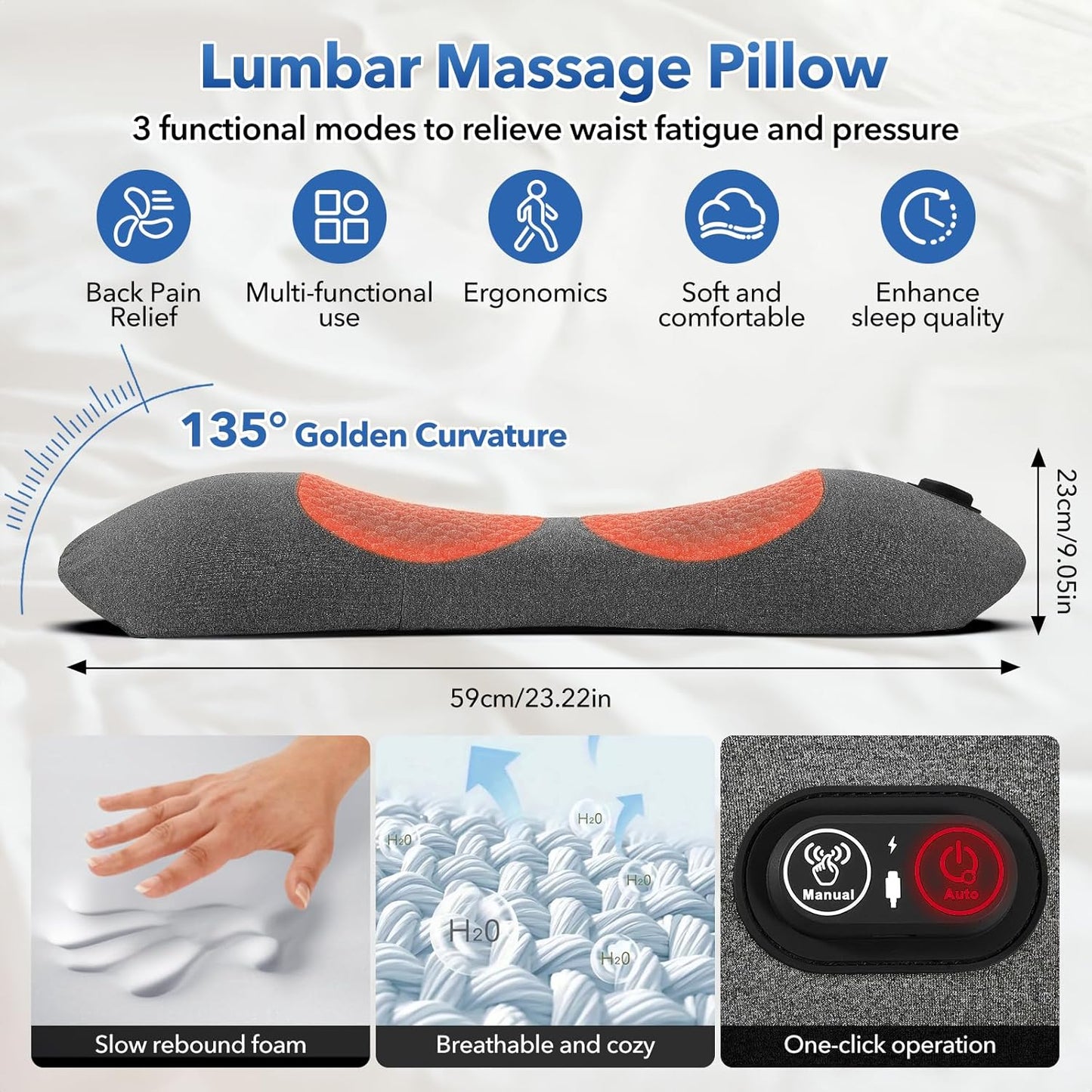 3 in 1 Rechargeable Back Massager with Heat, Height Adjustable for Bed and Chair, Electric Lumbar Support Pillow Back Massager, Relieves Deep Tissue Pain, Lumbar Wedge Cushion