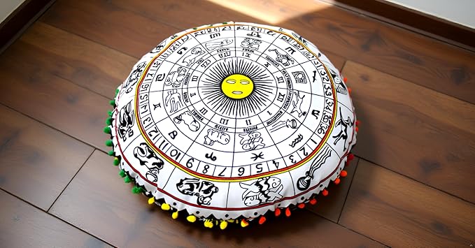 CRAFT KALA 22" Bohemian Floor Pillow Pouf Cover Mandala Boho Large Round Meditation Room Pillow Covers for Adults Seating Poufs Cushion Cover for Kids Playroom Yellow and White Zodiac - Bloomnest