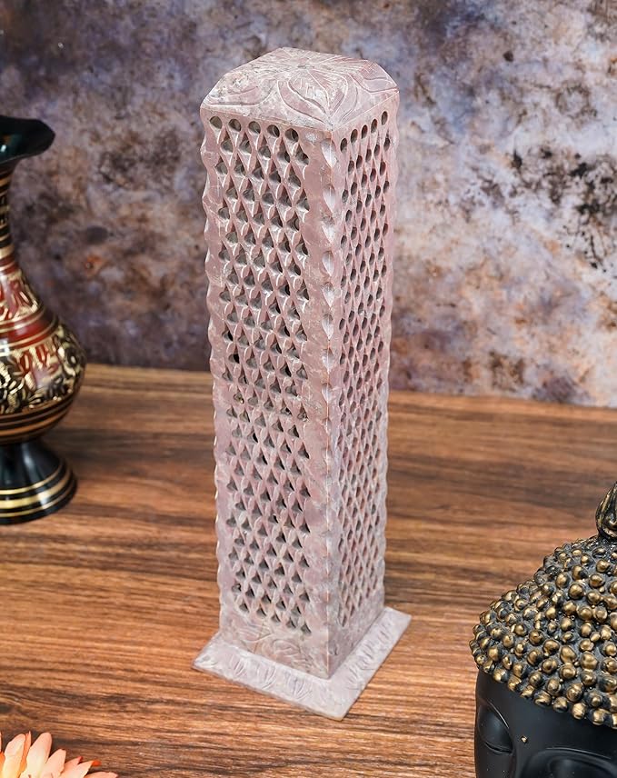 Crocon Handmade Incense Tower Candle Stick Holder Soapstone Leaf Design Tea Light Tower Burner | Candles Stand |Office Decor Room Fragrance Decorative Kitchen Home Spa Great Gift Set - 11X3X3 Inch