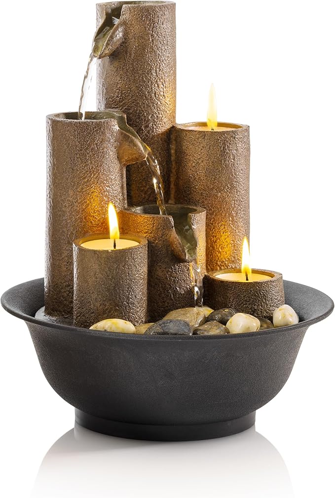 Alpine Corporation WCT202 Indoor Tabletop Tiered Water Fountain Featuring 3 Candles for Desktop and Table, 11", Brown - Bloomnest