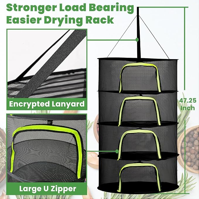 4 Layer 24" Herb Drying Rack Hanging with Garden Pruning Shears, Large Zipper, Hook & Notepad, Foldable Drying Rack for Herbs, Spices & Seasonings, Hanging Herb Dryer Indoor Outdoor - Bloomnest