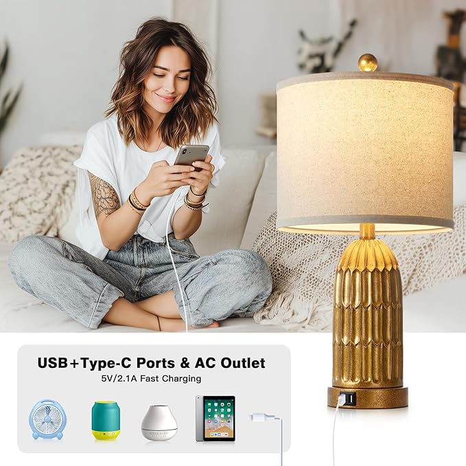 Table Lamps for Bedroom Set of 2, Farmhouse 3-Way Dimmable Touch Nightstand Lamp with 2 USB Charging Ports, Vintage Rustic Traditional Bedside Lamp for Living Room End Table - Bloomnest