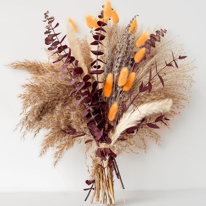 Fall Dried Flower Bouquet with Pampas Grass, Orange Bunny Tails, Lavender & Red Eucalyptus –Boho Fall Decor for Home, Vase, Porch & thanksgiving –Autumn Floral Arrangements for Fall Decorations Indoor - Bloomnest