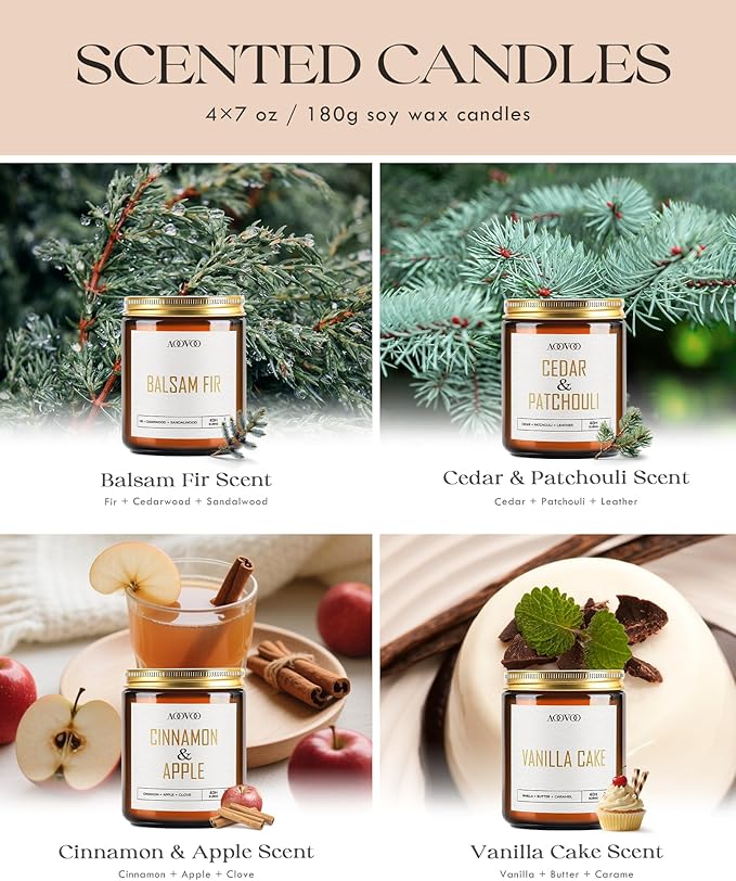 AOOVOO Candle Set - 4PC Scented Candles, 28 oz Soy Candles, Soy Candle for Home Scented, Balsam Fir/Cedar&Patchouli/Cinnamon&Apple/Vanilla Cake - Bloomnest