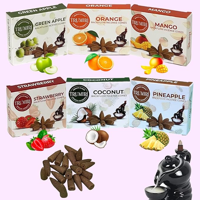 Fruity - Backflow Incense Cones for Waterfall - Scented Inscents-Cones - Pineapple, Strawberry, Coconut, Mango, Apple, Orange - Insiensos Aromaticos - 6x10=60 Large Variety Pack