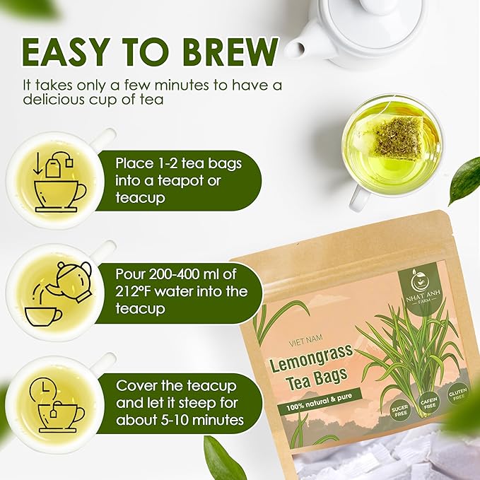 NHAT ANH FARM - Premium Lemongrass Tea Bags, 40 Lemongrass Tea Bags, 100% Natural Dried Lemongrass, Naturally Sweet Herbal Tea, Sugar-Free, Caffeine-Free, No Additives - Bloomnest