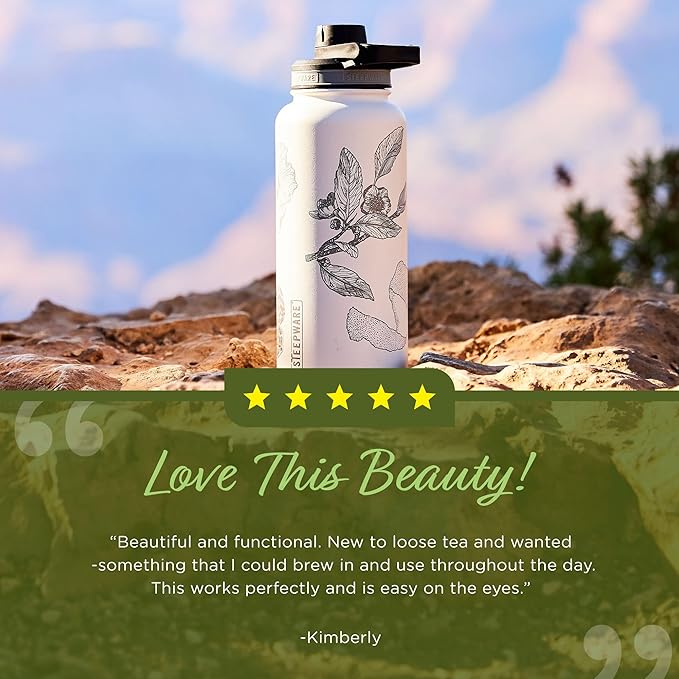 The Tea Spot Himalayan Tea Tumbler - Travel Bottle with Tea Infuser for Loose Leaf Tea or Iced Coffee - 32oz, White-Etched - Double-Walled Insulated Bottle - Keeps Drinks Hot & Cold for Hours - Bloomnest