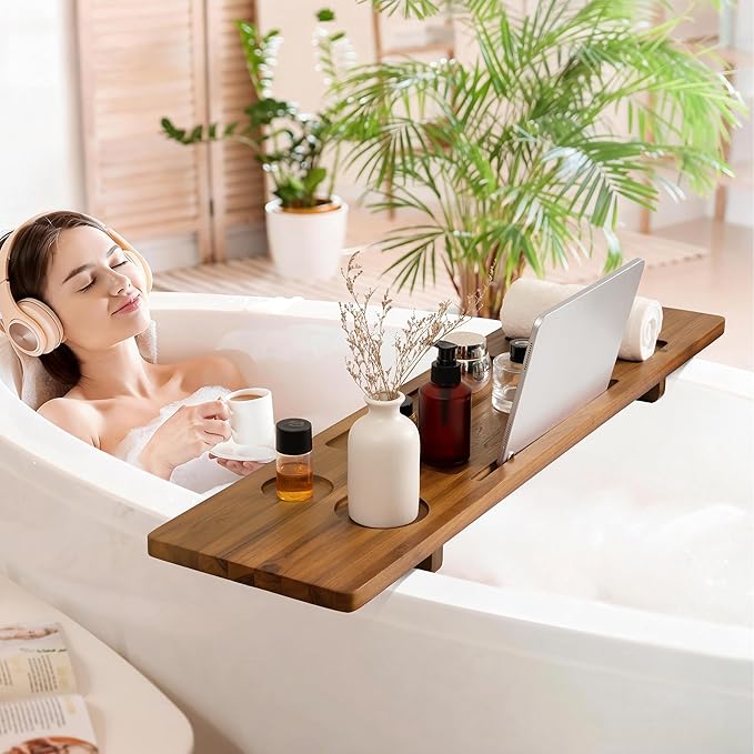 Teak Bathtub Tray - Wood Bath Caddy Tray 35" for Large Tubs - Adjustable Bathtub Table Trays - Luxury Shower Organizer for Home Spa Relaxation and Reading - Light Walnut Color - Bloomnest