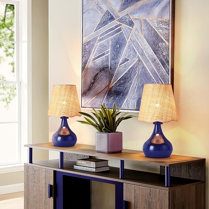 Navy Blue Small Table Lamp, Mini Bedroom Lamps for Bedside Nightstand, Rattan Shade Small Table Lamps for Small Spaces for Kitchen Counter, Bookshelf, Home Office, Living Room, Dorm - Bloomnest