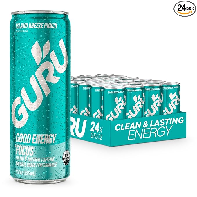 GURU Island Breeze Punch Organic Energy Drinks, Clean Energy Drink with Plant Based Natural Caffeine from Green Tea + Focus with L Theanine, Gluten Free and Vegan, 140MG Caffeine, 12oz (Pack of 24) - Bloomnest