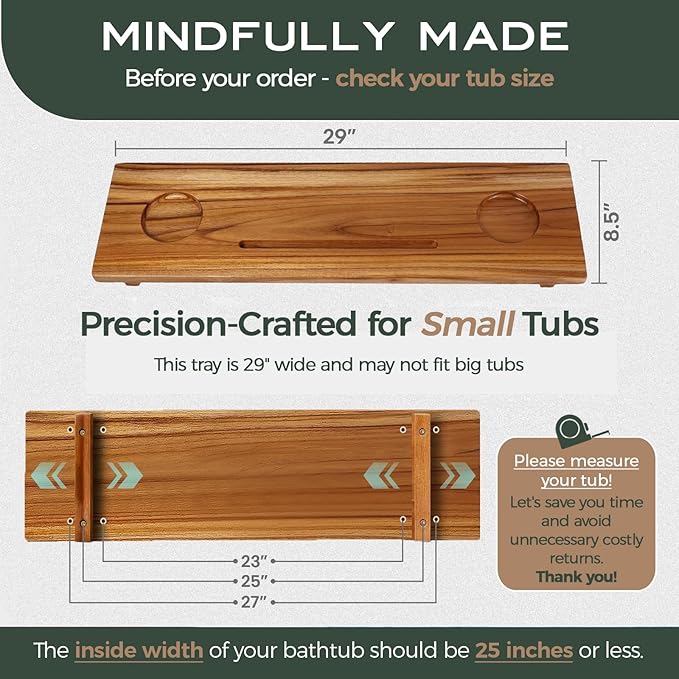 Fjord | Superior Teak Bathtub Tray Wood 29" for Small Tubs | Adjustable Wooden Bathtub Caddy | Sustainable Minimalist Bath Table Tray for Home Spa | by JapandiSpirit - Bloomnest