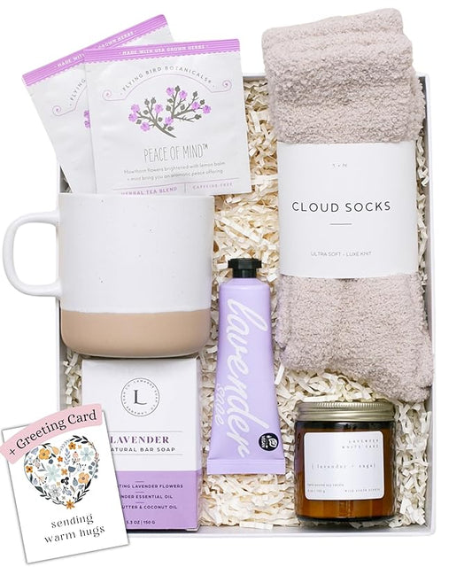Unboxme Lavender Spa Gift Basket for Women - USA Made Self Care Package with Aromatherapy Candle, Bath Bomb, Tea & Mug - Relaxation Gifts for Birthday, Get Well, Sympathy, Thank You