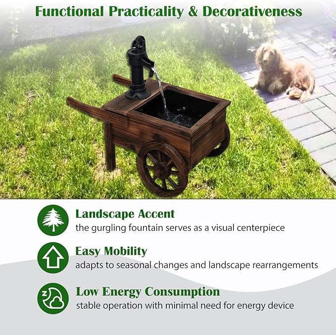 Carbonized Wood Outdoor Freestanding Fountain - Movable Vintage Hand Pump Cart, Plug-in Water Pump Electric Decorative Water Feature for Patio, Garden & Indoor Decoration - Bloomnest