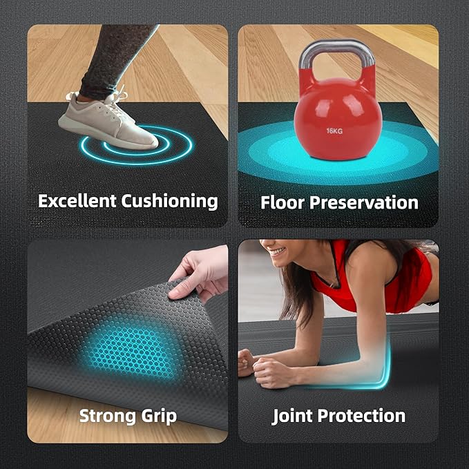 Large Exercise Mat for Home Workout,12‘x6’/10'x6'/9'x6'/8'x6'/7'x5'/6'x4' (7mm) Extra Thick Workout Mat, High-Density Gym Mat for Cardio, Jump Rope, MMA, Weights (Shoe-Friendly) - Bloomnest