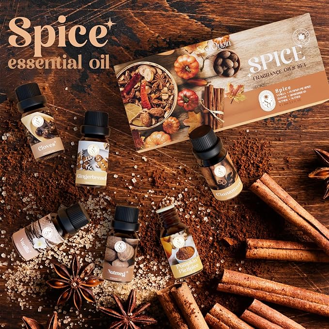 Autumn Spice Essential Oils Set, Fragrance Oil Gift Set for Oil Diffusers, Scented Oils for Soap Candle Making 6x10ml - Cinnamon, Nutmeg, Vanilla, Gingerbread, Pumpkin Pie Spice, and Cloves - Bloomnest
