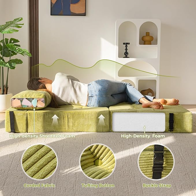 MAXYOYO Folding Sofa Bed, Convertible Sofa Bed with High-Density Support Foam, Portable 4 in 1 Fold Out Chair to Floor Lounger, Versatile Floor Couch for Living Room Bedroom, Green - Bloomnest