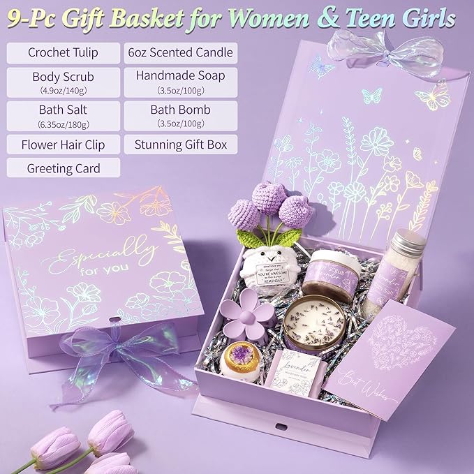 Spa Gifts for Women Bath Gift Set, Lavender Relaxing Spa Gift Baskets Home Bath Set Self Care Kit Care Package Thank You Birthday Valentines Day Gifts for Her Women Mom Friend Sister Teen Girl Wife