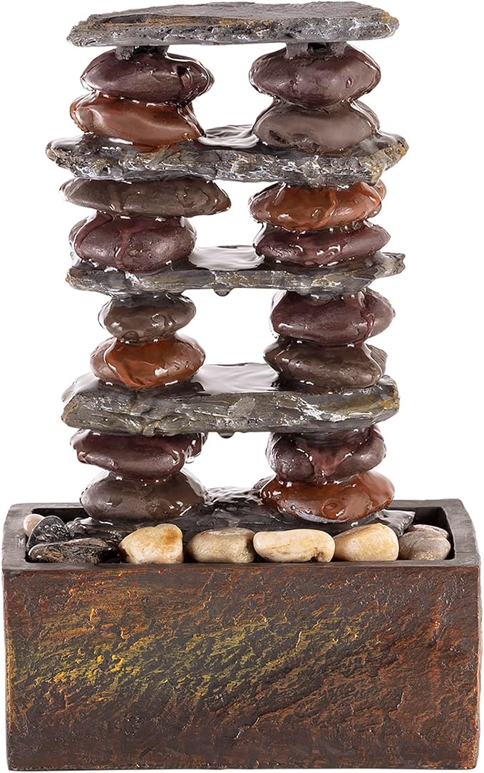 Alpine Corporation TT8002 Indoor/Outdoor Tabletop Stacked Rocks Eternity Fountain, Modern Rocks Tabletop Fountain 12", Brown - Bloomnest