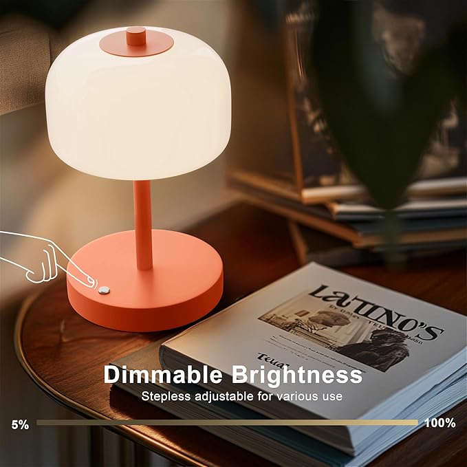 Oneach 9" Cordless Table Lamp, Orange Rechargeable Battery Operated Lamp, 3-Way Stepless Dimming Touch Lamps, Small Glass Bedside Nightstand Light for Bedroom Dining Table Living Room Shelf Decor - Bloomnest