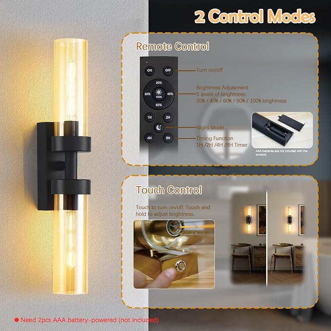 Rechargeable Wall Sconces Set of Two with Remote, Black Battery Operated Wall Sconce with Amber Glass, Sconces Wall Decor Set of 2 Wall Light Fixtures for Bedroom Bathroom Mirror Living Room - Bloomnest