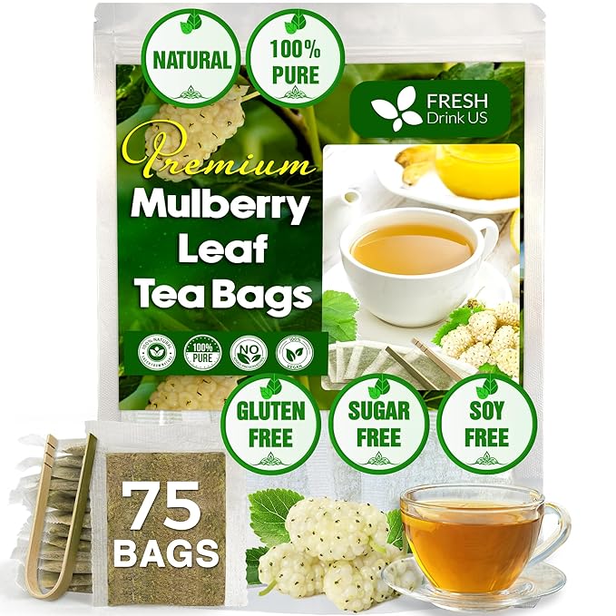 FreshDrinkUS Premium 75 Mulberry Leaf Tea Bags, 100% Natural & Pure. Loose Leaf Herbal Tea. Made with Natural Material Tea Bags. No Sugar, No Caffeine, No Gluten, Vegan - Bloomnest