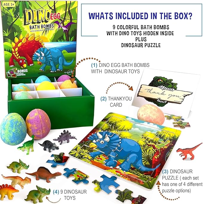 Bath Bombs for Kids with Surprise Toys Inside Plus Dinosaur Puzzle - Set of 9 Organic Dino Egg Bath Bombs with Rich Bubbles, Stocking Stuffers Christmas Gifts for Kids - Bloomnest