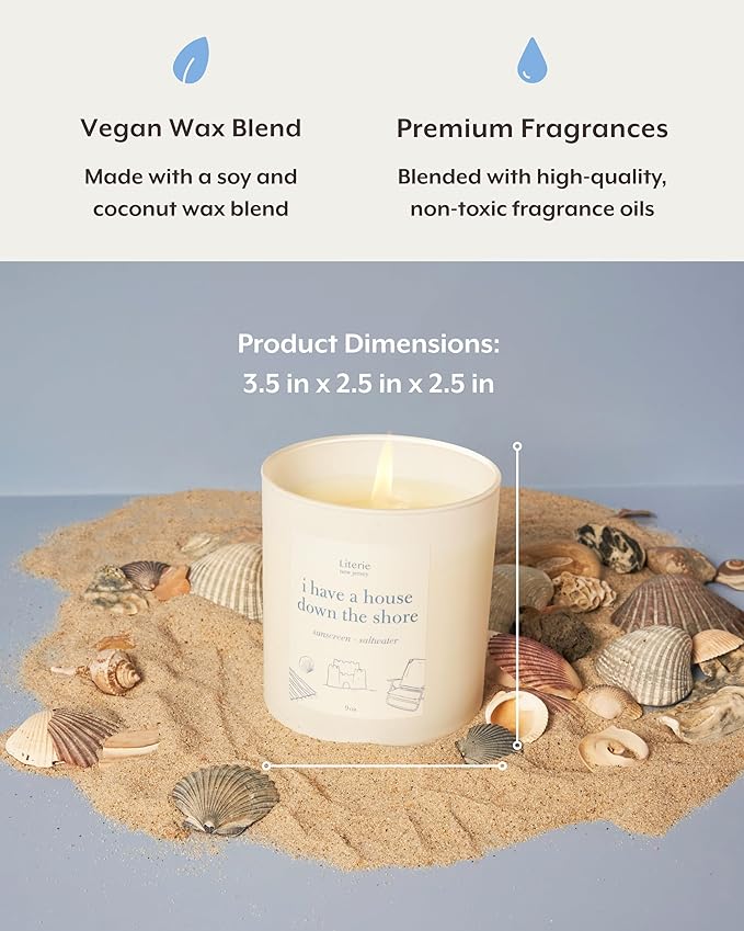 Literie NJ Inspired Scented Candle: I Have a House Down The Shore - Sunscreen & Saltwater Scented, 9oz, 50 Hour Burn, Vegan Soy & Coconut Blend Candle for Home Decor, Gift for Women & Men - Bloomnest