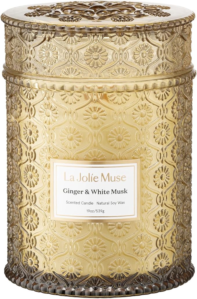 LA JOLIE MUSE Ginger & White Musk Candle | Ginger, Lemongrass & Musk | 19 oz Wooden Wick | Natural Soy Wax | 90 Hours Clean Burn | Gift-Ready for Hosts & Gathering| Seasonal Home Décor - Bloomnest
