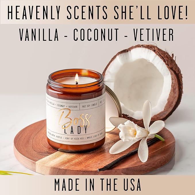 Boss Lady Gifts for Women - Soy Candle, w/Vanilla, White Coconut & Vetiver I Best Boss Gifts for Women/Girl/Female I Bosses Day Gift I 9oz Jar, 50Hr Burn Time, Made in USA - Bloomnest