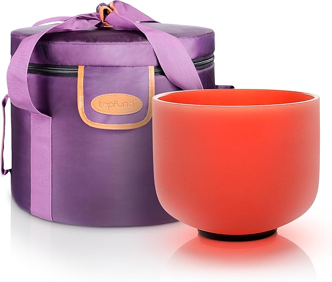 TOPFUND Orange D Note Crystal Singing Bowl 8 inch Sacral Chakra with Heavy Duty Carrying Case and Suede Mallet - Bloomnest