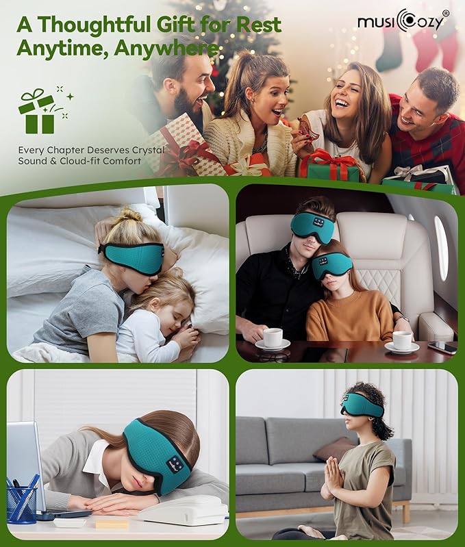 MUSICOZY Sleep Headphones Breathable Bluetooth Headband 3D Sleeping Headphones, Wireless Music Eye Mask Sleep Earbuds for Side Sleeper Women,Men Office Air Travel Cool Tech Gadgets Unique Gifts Green - Bloomnest